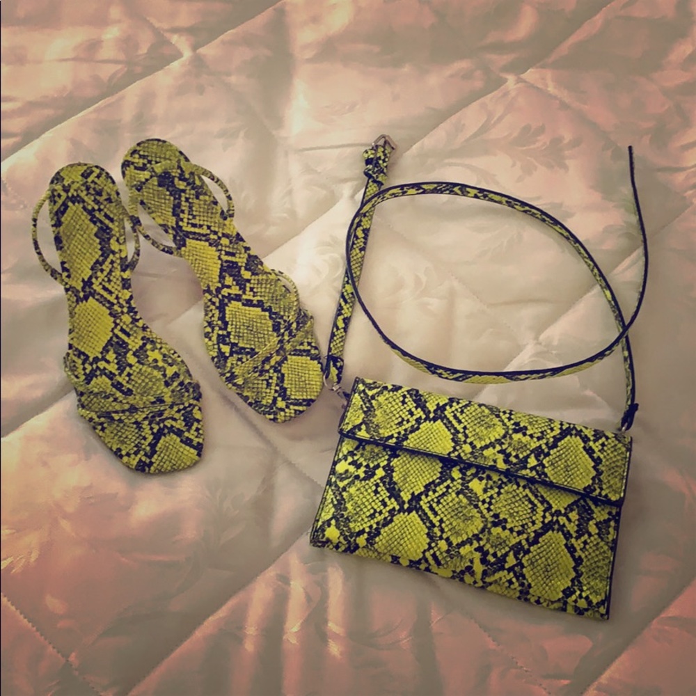 Lime Green Snake Print Heels with Matching Bag